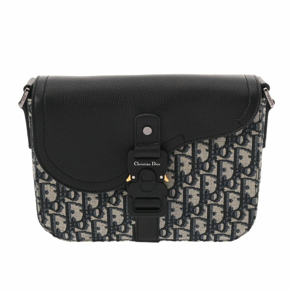 CHRISTIAN DIOR Saddle Messenger Bag Oblique Navy Blue Beige Jacquard Leather